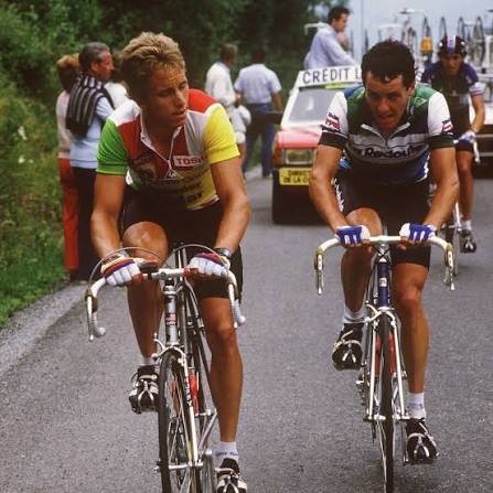 Greg LeMond wearing the combination jersey in the peloton