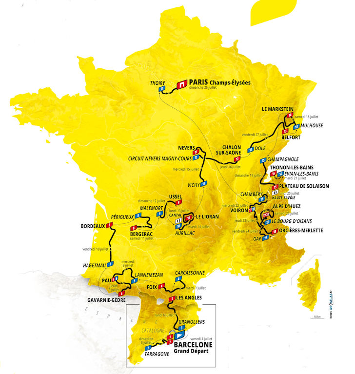 Overall route map of the 2026 Tour de France, from Barcelona to Paris