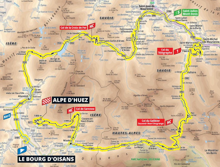 Route map for stage 20: Le Bourg-d'Oisans to Alpe d'Huez