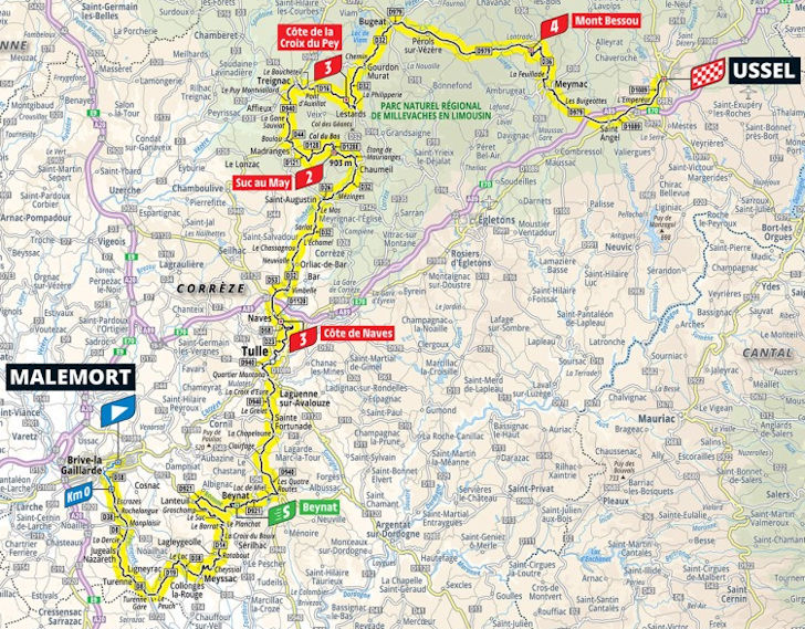 Route map for stage 9: Malemort to Ussel